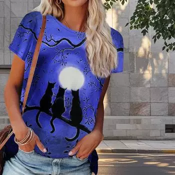 Женская летняя футболка с принтом котенка в стиле ретро, футболки с коротким рукавом, повседневные топы с принтом XS фиолетовый