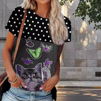 Женская летняя футболка с принтом котенка в стиле ретро, футболки с коротким рукавом, повседневные топы с принтом XS фиолетовый