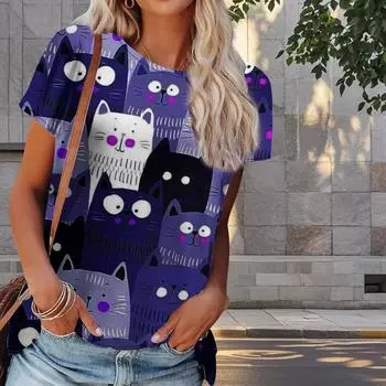 Женская летняя футболка с принтом котенка в стиле ретро, футболки с коротким рукавом, повседневные топы с принтом XS фиолетовый