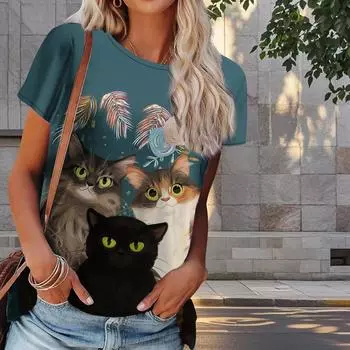 Женская летняя футболка с принтом котенка в стиле ретро, футболки с коротким рукавом, повседневные топы с принтом XS фиолетовый
