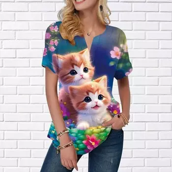 Женская летняя футболка с принтом котов-близнецов, футболки с короткими рукавами, повседневные топы с принтом, маленький v-образный вырез с короткими рукавами XS синий