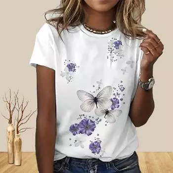 Женская летняя футболка с принтом «Красивая бабочка», футболки с коротким рукавом, повседневные топы с принтом XS белый