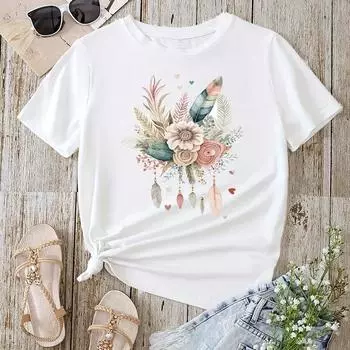 Женская летняя футболка с принтом «Красивые цветы», футболки с коротким рукавом, повседневные топы с принтом XS серый