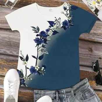 Женская летняя футболка с принтом «Красивые цветы», футболки с коротким рукавом, повседневные топы с принтом XS синий