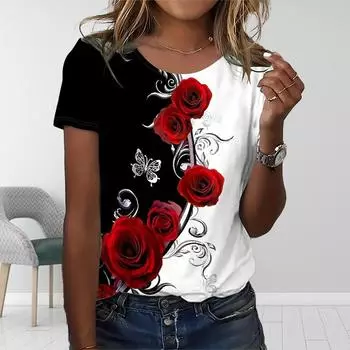 Женская летняя футболка с принтом «Красивые розы», футболки с коротким рукавом, повседневные топы с принтом XS зелёный