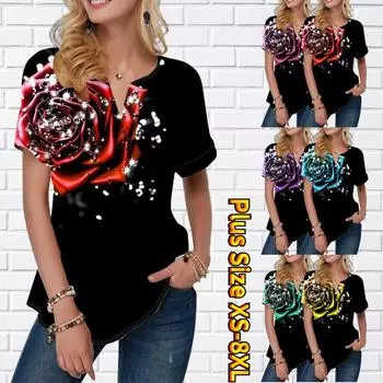Женская летняя футболка с принтом красной розы, футболки с короткими рукавами, повседневные топы, маленький v-образный вырез с короткими рукавами XS ярко-розовый