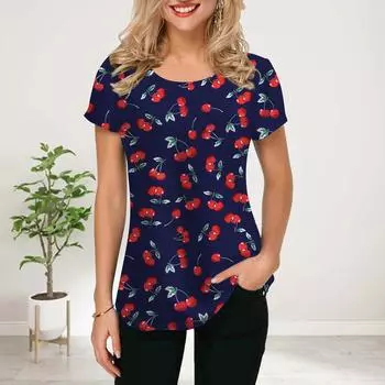 Женская летняя футболка с принтом красной вишни, футболки с коротким рукавом, повседневные топы с принтом XS красный
