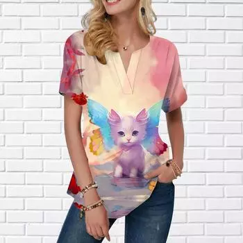 Женская летняя футболка с принтом крылатого кота, футболки с короткими рукавами, повседневные топы с принтом, маленький v-образный вырез с короткими рукавами XS разноцветный