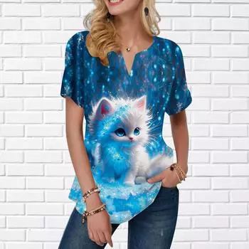 Женская летняя футболка с принтом «Лед и снег» и котами, футболки с короткими рукавами, повседневные топы с принтом, маленький v-образный вырез с короткими рукавами XS синий