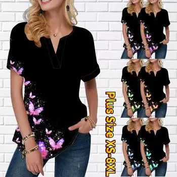 Женская летняя футболка с принтом летающей бабочки, футболки с короткими рукавами, повседневные топы, маленький v-образный вырез с короткими рукавами XS фиолетовый