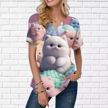 Женская летняя футболка с принтом Little Fat Cat, футболки с короткими рукавами, повседневные топы с принтом, маленький v-образный вырез с короткими рукавами XS розовый