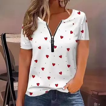 Женская летняя футболка с принтом «Любовь» и круглым вырезом на молнии, модный повседневный топ с короткими рукавами XL красный