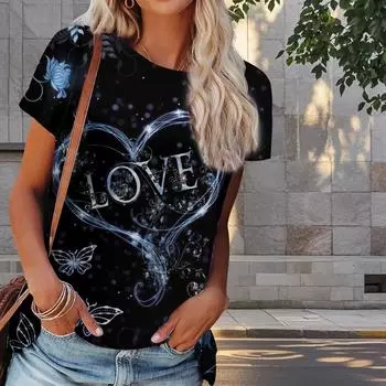 Женская летняя футболка с принтом «Любовь» в стиле ретро, футболки с коротким рукавом, повседневные топы с принтом XS синий