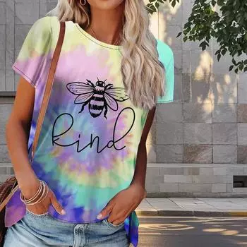 Женская летняя футболка с принтом маленькой пчелки в стиле ретро, футболки с коротким рукавом, повседневные топы с принтом XS синий