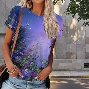 Женская летняя футболка с принтом масляной живописи в стиле ретро, футболки с коротким рукавом, повседневные топы с принтом XS синий