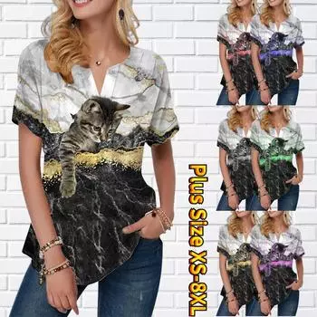 Женская летняя футболка с принтом милого кота, футболки с короткими рукавами, повседневные топы, маленький v-образный вырез с короткими рукавами XS красный