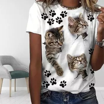 Женская летняя футболка с принтом милого котенка, футболки с коротким рукавом, повседневные топы с принтом XS серый