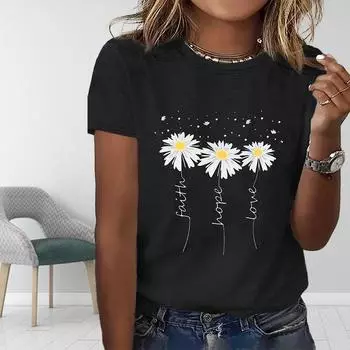 Женская летняя футболка с принтом милые белые цветы футболки с коротким рукавом повседневные топы с принтом XS жёлтый