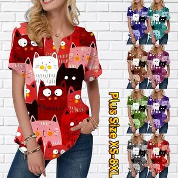Женская летняя футболка с принтом «Многие кошки», футболки с короткими рукавами, повседневные топы, маленький v-образный вырез с короткими рукавами XS синий