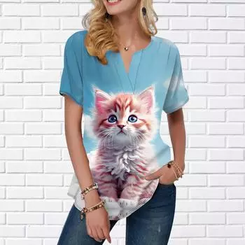 Женская летняя футболка с принтом облака и кота, футболки с короткими рукавами, повседневные топы с принтом, маленький v-образный вырез, короткие рукава XS синий