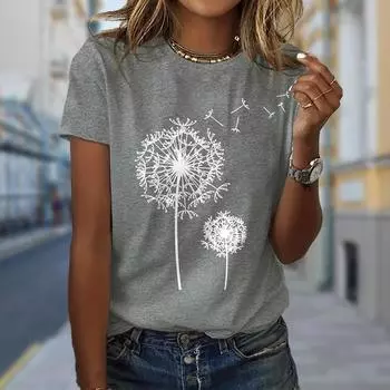 Женская летняя футболка с принтом одуванчика, футболки с коротким рукавом, повседневные топы с принтом XS чёрный