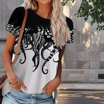 Женская летняя футболка с принтом осьминога в стиле ретро, футболки с коротким рукавом, повседневные топы с принтом XS синий