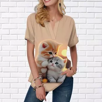 Женская летняя футболка с принтом пары котов, футболки с короткими рукавами, повседневные топы с принтом, маленький v-образный вырез, короткие рукава XS разноцветный