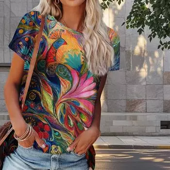 Женская летняя футболка с принтом павлина в стиле ретро, футболки с коротким рукавом, повседневные топы с принтом XS синий