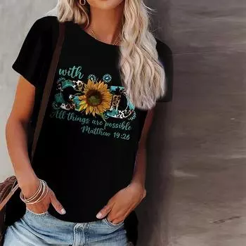 Женская летняя футболка с принтом подсолнечника, футболки с короткими рукавами, повседневные топы с принтом XS белый