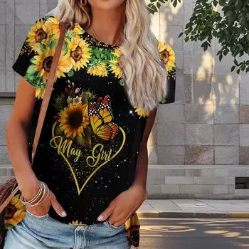 Женская летняя футболка с принтом подсолнуха в стиле ретро, футболки с коротким рукавом, повседневные топы с принтом XS синий