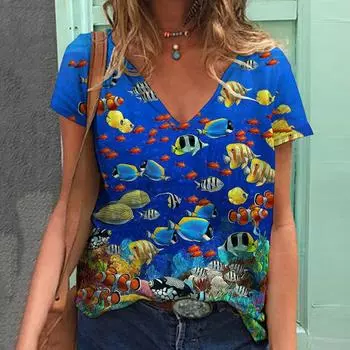 Женская летняя футболка с принтом «Подводный мир», футболки с короткими рукавами, повседневные топы с принтом XS синий