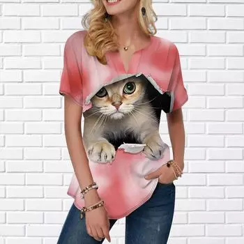 Женская летняя футболка с принтом пони и кота, футболки с коротким рукавом, повседневные топы с принтом, небольшой V-образный вырез, короткие рукава XS разноцветный