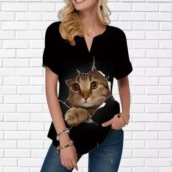 Женская летняя футболка с принтом потрескавшейся кошки, футболки с коротким рукавом, повседневные топы с принтом, небольшой V-образный вырез, короткие рукава XS белый