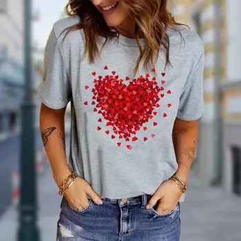 Женская летняя футболка с принтом Red Love, футболки с коротким рукавом, повседневные топы с принтом XS серый