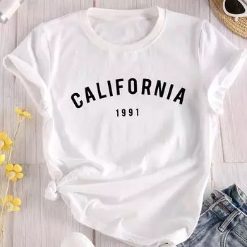 Женская летняя футболка с принтом ретро-алфавита, футболки с коротким рукавом, повседневные топы с принтом XS чёрный