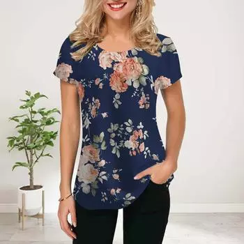 Женская летняя футболка с принтом розового пиона, футболки с коротким рукавом, повседневные топы с принтом XS синий