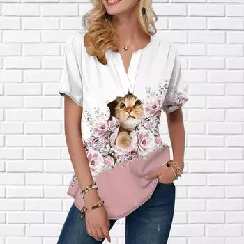 Женская летняя футболка с принтом розы, футболки с короткими рукавами, повседневные топы с принтом, маленький v-образный вырез с короткими рукавами XS синий