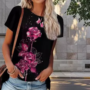 Женская летняя футболка с принтом розы в стиле ретро, футболки с коротким рукавом, повседневные топы с принтом XS фиолетовый