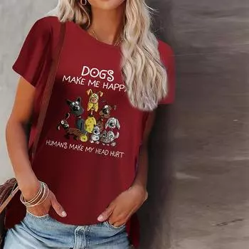 Женская летняя футболка с принтом щенка, футболки с короткими рукавами, повседневные топы с принтом XS красный