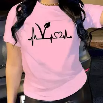 Женская летняя футболка с принтом сердечного ритма, футболки с коротким рукавом, повседневные топы с принтом XS белый