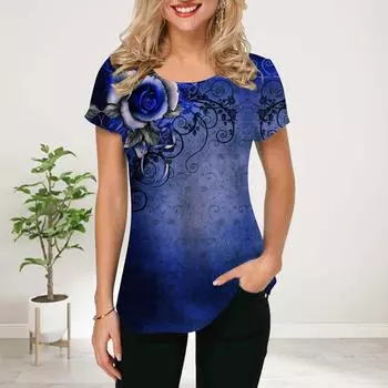 Женская летняя футболка с принтом синей розы, футболки с коротким рукавом, повседневные топы с принтом XS красный