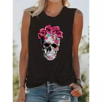 Женская летняя футболка с принтом скелета и розы, свободная, без рукавов, с круглым вырезом, модная уличная одежда, свободного покроя S