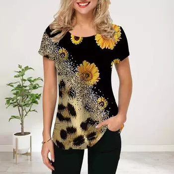Женская летняя футболка с принтом струящегося песка и подсолнухов, футболки с коротким рукавом, повседневные топы с принтом XS синий