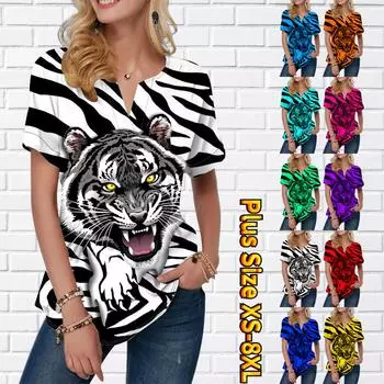 Женская летняя футболка с принтом свирепого тигра, футболки с короткими рукавами, повседневные топы, маленький v-образный вырез с короткими рукавами XS синий