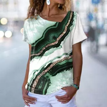 Женская летняя футболка с принтом тай-дай в стиле 3D, повседневная футболка с короткими рукавами и диагональным воротником, цветные блоки S
