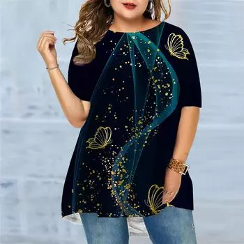 Женская летняя футболка с принтом танца бабочки размера плюс, удобная футболка с короткими рукавами и круглым вырезом, повседневная мешковатая футболка средней длины XS фиолетовый