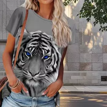 Женская летняя футболка с принтом тигра в стиле ретро, футболки с коротким рукавом, повседневные топы с принтом XS синий