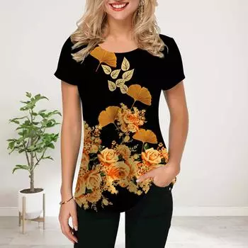 Женская летняя футболка с принтом в виде розы в виде веера, футболки с коротким рукавом, повседневные топы с принтом XS синий