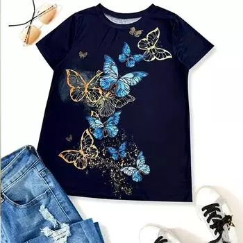 Женская летняя футболка с принтом в виде разноцветных бабочек, футболки с коротким рукавом, повседневные топы с принтом XS зелёный
