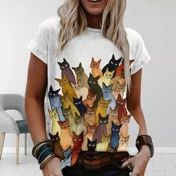Женская летняя футболка с принтом в виде красочного кота и граффити, футболки с коротким рукавом, повседневные топы с принтом XS синий
